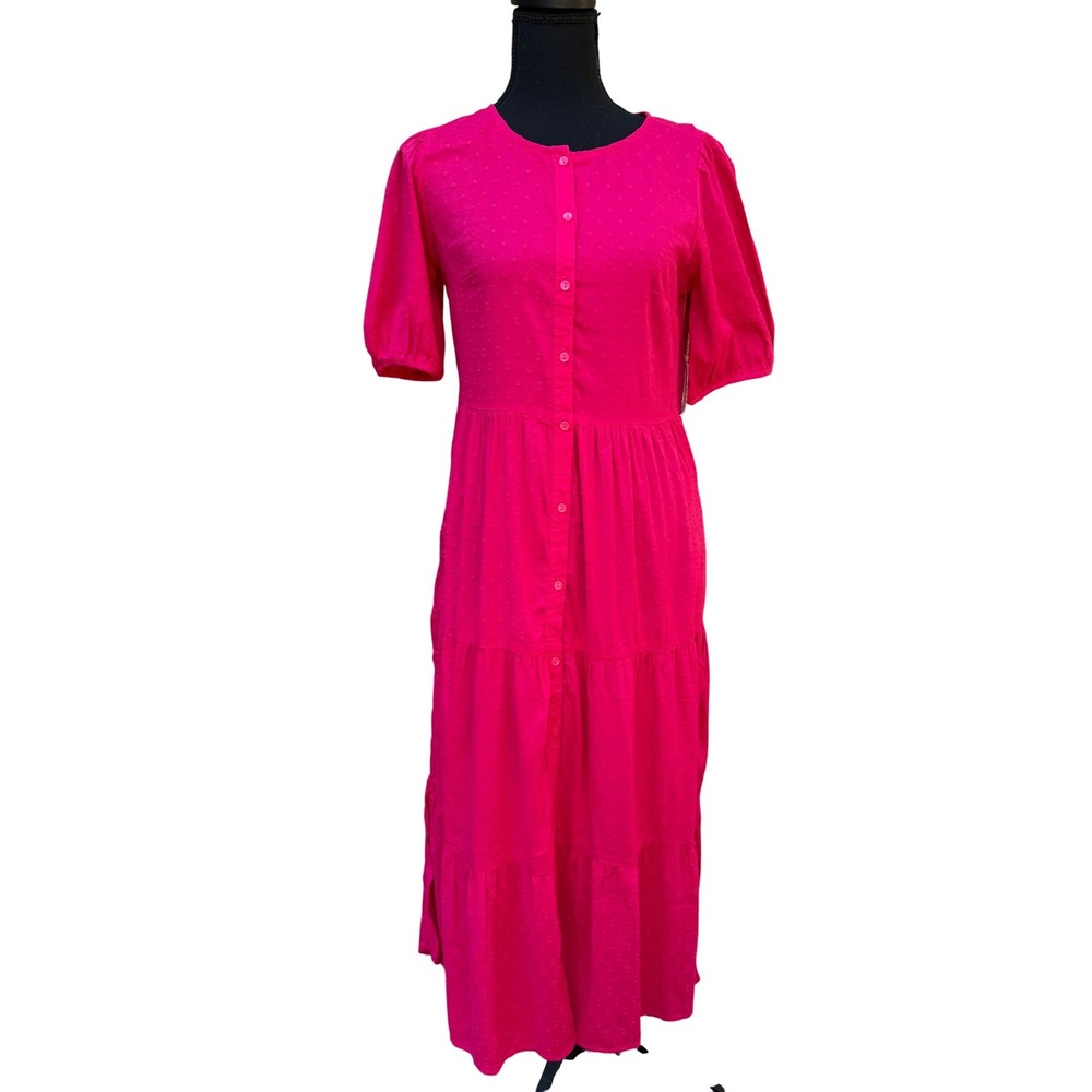Old Navy Pink Clip-Dot Tiered Maxi Dress Button Front Puff Sleeve XS NEW
